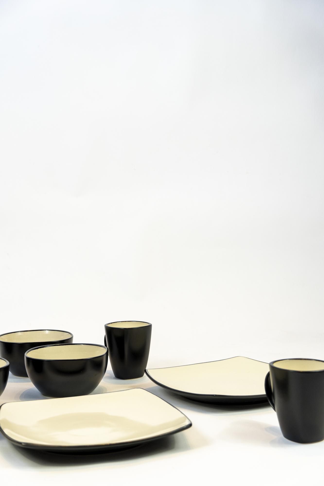 Plates arranged in a small studio