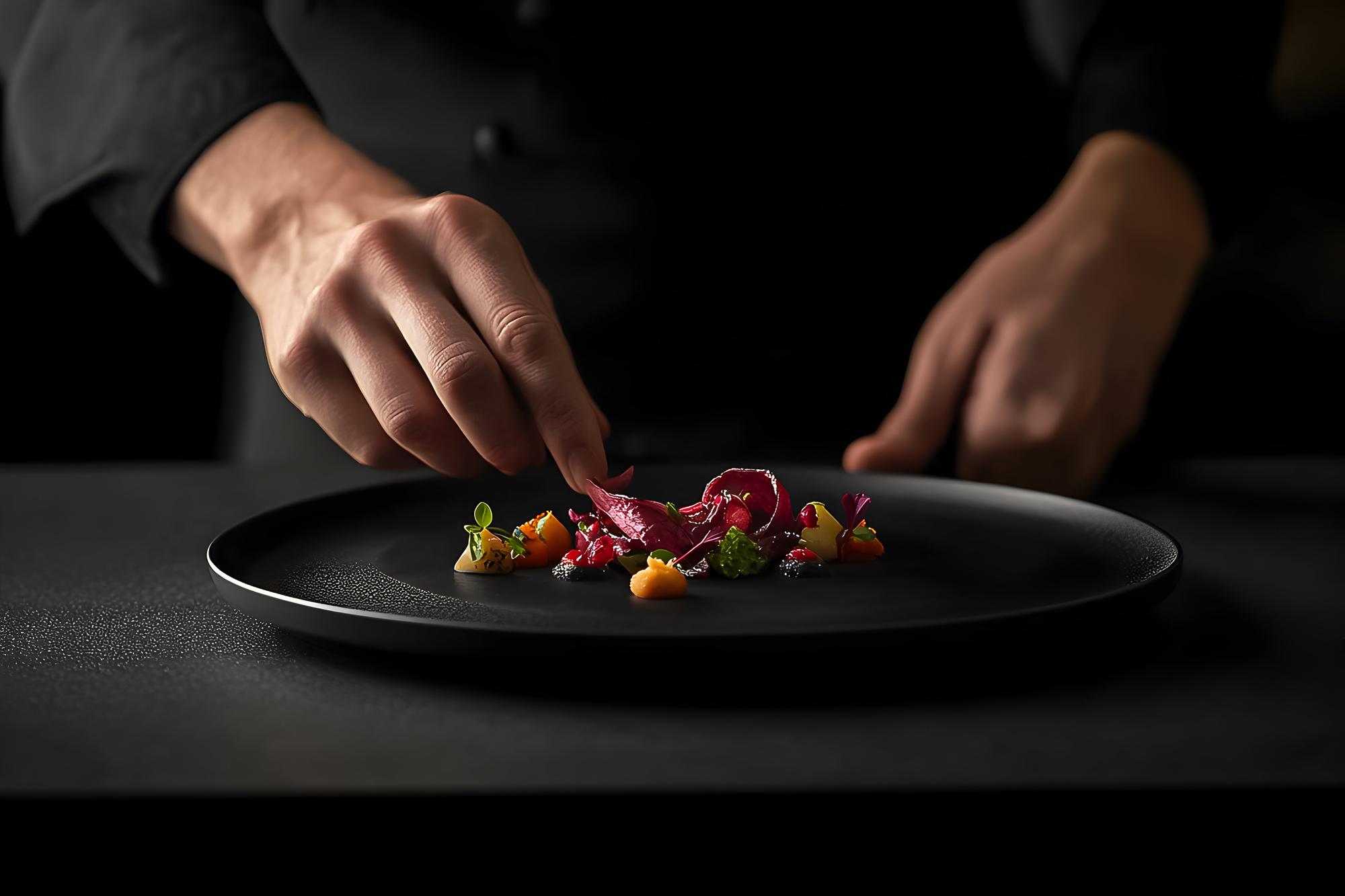 Chef plating a refined dish